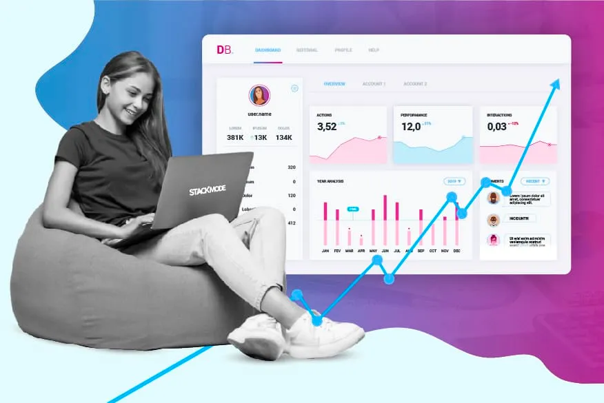 A woman sitting on a bean bag with a laptop in front of a graph.