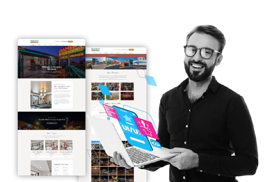 A man holding a laptop in front of a website.